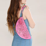 LC-ADBG1233H Hand-Tooled Leather Clutch - Semi-Circle Wristlet with Tassel