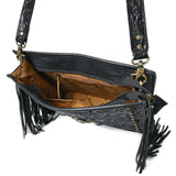 ADBGA881 Black Tooled Leather Fringe Crossbody - Western Concho & Turquoise Accent Bag