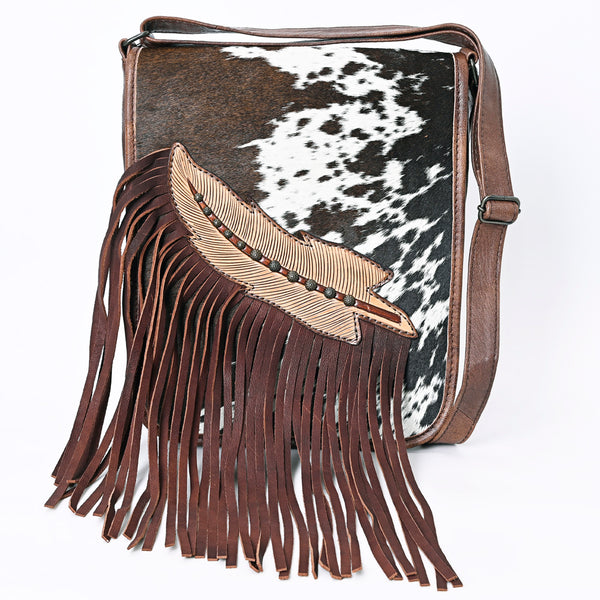 ADBG1074 Genuine Black & White or Brown Hair-On-Hide -Feather Tooled Fringe Cowhide Leather Crossbody Bag-Western Chaps Style by American Darling