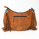 ADBG1663 Crescent Tan Suede Crossbody Bag with Fringe and Tooled Leather Yoke