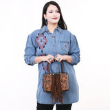ADBGA621 Square Western Tote with Floral Tooled Leather, Cowhide Inlay & Fringe Detail