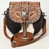 ADBG1222 Black & White Hair-On Hide Western Crossbody Bag with Tooled Leather Flap