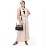ADBG1677 Black Quilted Leather Cut-Out Clutch Bag with Floral Tooled Top - American Darling