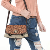 ADBGA569 Hand-Tooled Leather & Cowhide Crossbody Bag Western Floral Concho Accent