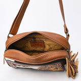 ADBG1524 Tooled Leather & Cowhide Crossbody Fringe Bag - Western Floral with Yellow Daisies