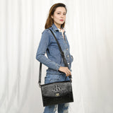 ADBG1526 Black Croc-Embossed Leather Crossbody Bag - Western Structured Flap Purse