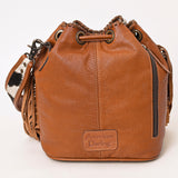 ADBG1272 Hair-On Hide Leather Fringe Bucket Bag with Turquoise Concho Accent