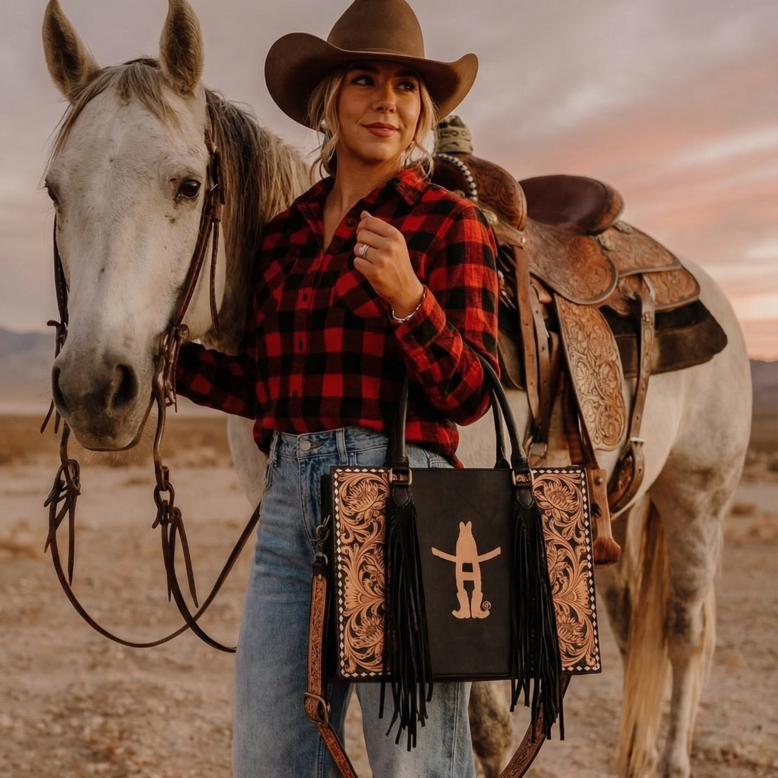 Sunset Rodeo Handtooled and Grain Leather Tote Bag
