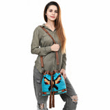 ADBG1512 Turquoise Handwoven Wool & Leather Bucket Bag with Fringe - Western Boho Style