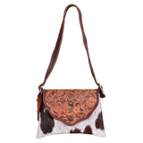 ADBGA571 Hand-Tooled Leather & Cowhide Crossbody Bag Western Floral Saddle Flap