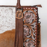 ADBG1718 Tooled Leather & Cowhide Western Tote Bag with Fringe and Floral Embroidery