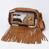 ADBG1524 Tooled Leather & Cowhide Crossbody Fringe Bag - Western Floral with Yellow Daisies