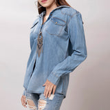 LC-ADSH024 Genuine Leather Hand Tooled Women 100% Cotton Denim Shirt Jacket Dress