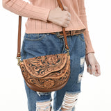 ADBGA561 Hand-Tooled Leather Crossbody Saddle Bag Western Floral Carved Purse