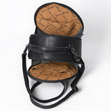 ADBG1604 Round Black Leather Canteen Bag with Floral Tooled Border & Embossed Center