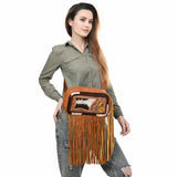 ADBG1524 Tooled Leather & Cowhide Crossbody Fringe Bag - Western Floral with Yellow Daisies