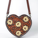 ADBGA744 Heart-Shaped Tooled Leather Crossbody Bag – Sunflower Floral Design with Western Stitch