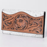 KBG110 WALLET Hand Tooled Saddle Leather with Cowhide Leather and Upcycled Canvas Ladies Ba