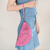 LC-ADBG1233H Hand-Tooled Leather Clutch - Semi-Circle Wristlet with Tassel