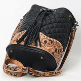 ADBG1670 Black Quilted Leather Bucket Bag with Tooled Floral Leather Trim