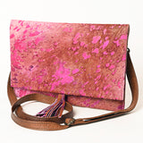 ADBG1295 Pink Acid-Wash Cowhide Leather Clutch - Metallic Hair-On Crossbody with Tassel