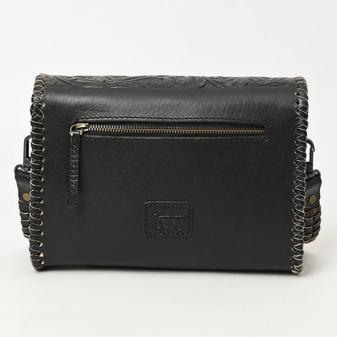 ADBGZ752B Black Hand Tooled Leather Crossbody Bag - Western Floral Whipstitch Purse