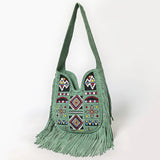 ADBGA782 Green Fringe Suede Shoulder Bag - Boho Tribal Embroidered Western Purse