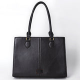 ADBGA735 Black Quilted Western Leather Tote Bag - Tooled Floral Medallion & Double Handles