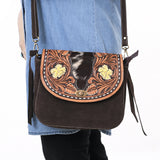 ADBGA660 Western Cowhide & Tooled Leather Suede Crossbody Bag with Floral Accents-Dark Brown