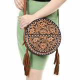 ADBGA517 American Darling Canteen Bag Hand Tooled Round Genuine Leather Crossbody with Tassels
