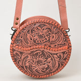 ADBG1461 Round Natural Hand-Tooled Leather Canteen Bag - Floral Whipstitch Western Style