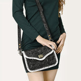 ADBG1475A Black Tooled Leather Crossbody Bag with White Whipstitch Trim