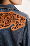 LC-ADSH021 Genuine Leather Hand Tooled Women 100% Cotton Denim Shirt Jacket Dress