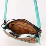 ADBG1528 Turquoise Tooled Leather Crossbody Bag - Floral Cowhide Western Purse