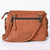 ADBG1657 Tan Suede Crossbody Bag with Scalloped Flap, Tooled Leather & Fringe