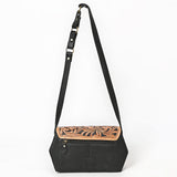 ADBGA856 Quilted Black Leather Crossbody Bag - Tooled Floral Flap with Western Strap
