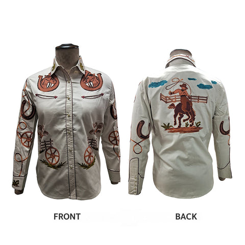 ADSH057 American Darling Off White Western Apparel - Embroidered Cotton Twill Cowboy Shirt