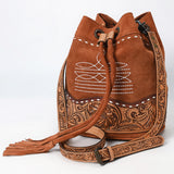 ADBG1656 Tan Suede Bucket Bag with Tooled Leather, White Embroidery & Drawstring Closure