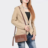 ADBG1717 Suede Leather Wallet Bag with White Western Stitch Embroidery