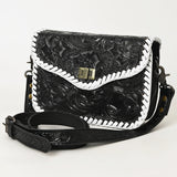 ADBG1475A Black Tooled Leather Crossbody Bag with White Whipstitch Trim