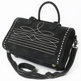 ADBG1585A Black Suede Embroidered Duffel Handbag - Western Weekender with Shoulder Strap