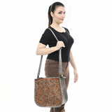 ADBG1566 Hand-Tooled Floral Leather Crossbody - Western Saddle Tan & White Croc Accent