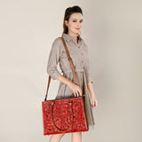 ADBG1317 Red Tooled Leather Western Tote Bag - Floral Hand-Carved Shoulder Purse
