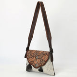 ADBGA571 Hand-Tooled Leather & Cowhide Crossbody Bag Western Floral Saddle Flap