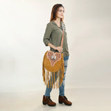 LC-ADBGA431 American Darling Western Feather Tooled Leather Messenger Bag with Fringe
