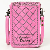 LC-ADBG1448C Pink Hand Tooled Leather Phone Crossbody Bag - Western Floral Vertical Pouch
