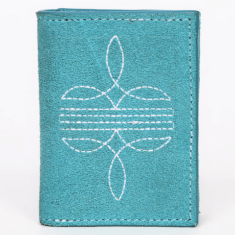 ADBGZ920 Genuine suede Leather Trifold Wallet with White Western Stitch Embroidery