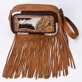 ADBG1524 Tooled Leather & Cowhide Crossbody Fringe Bag - Western Floral with Yellow Daisies