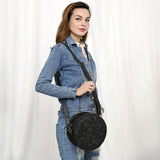 ADBG1461A Round Black Hand-Tooled Leather Crossbody Bag - Western Floral Pattern