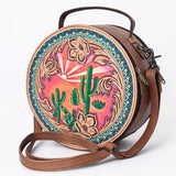 LC-ADBG1192 Round Western Leather Crossbody Bag - Painted Desert Sunrise & Cactus Tooled Scene